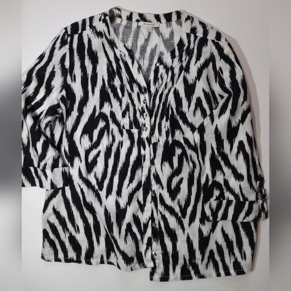 JM Collection Linen Blouse Womens 18‎ Black White Zebra Print V-neck Button Down